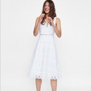 white Zara embroidered dress with cutwork detail